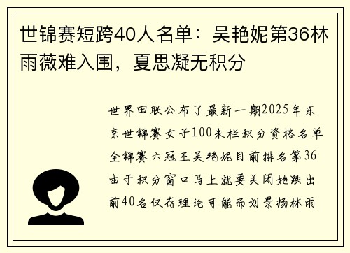 世锦赛短跨40人名单：吴艳妮第36林雨薇难入围，夏思凝无积分